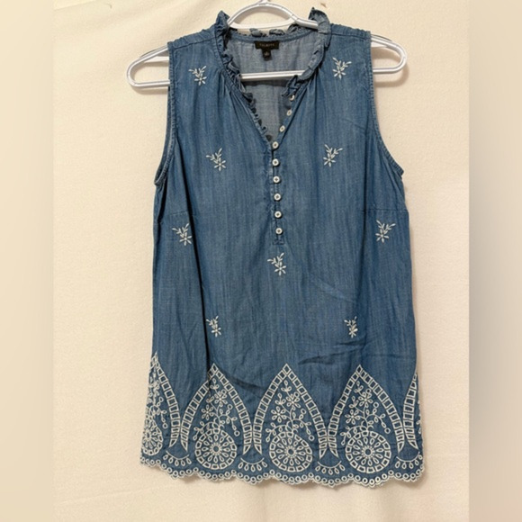 Talbots Embroidered Tunic Boho Chambray Sleeveless Blue White Small Top Button - Picture 1 of 5